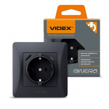 Розетка одинарная с заземлением с USB+USB-C Videx Binera VF-BNSK1GUC-BG черный графит