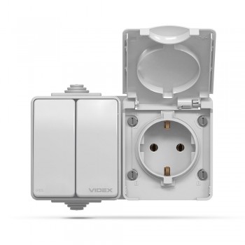 Выключатель 2кл влагозащищенный + розетка с заземлением наружный Videx Binera VF-BNW32-G IP65 Серый