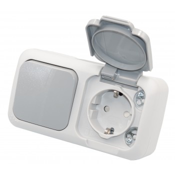 Выключатель 1кл влагозащищенный + розетка с заземлением наружный Viko Palmiye серый