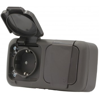 Розетка двойная накладная с заземлением со шторками и с крышкой Viko Palmiye IP54 Антрацит