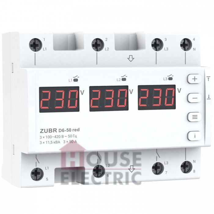 Реле напряжения 3-х фазное ZUBR D6-50 red 50А