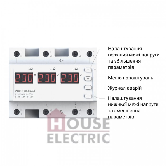Реле напряжения 3-х фазное ZUBR D6-63 red 63А