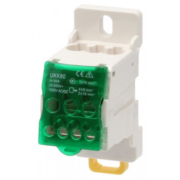 Блок распределительный на DIN-рейку Lemanso LMA2664 (вход 1х16мм² выход 2х16, 4х6мм²) 80А зеленый