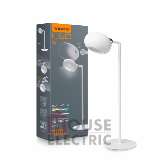 Лампа настольная с аккумулятором LED VIDEX 3W 3000-5500K Белая