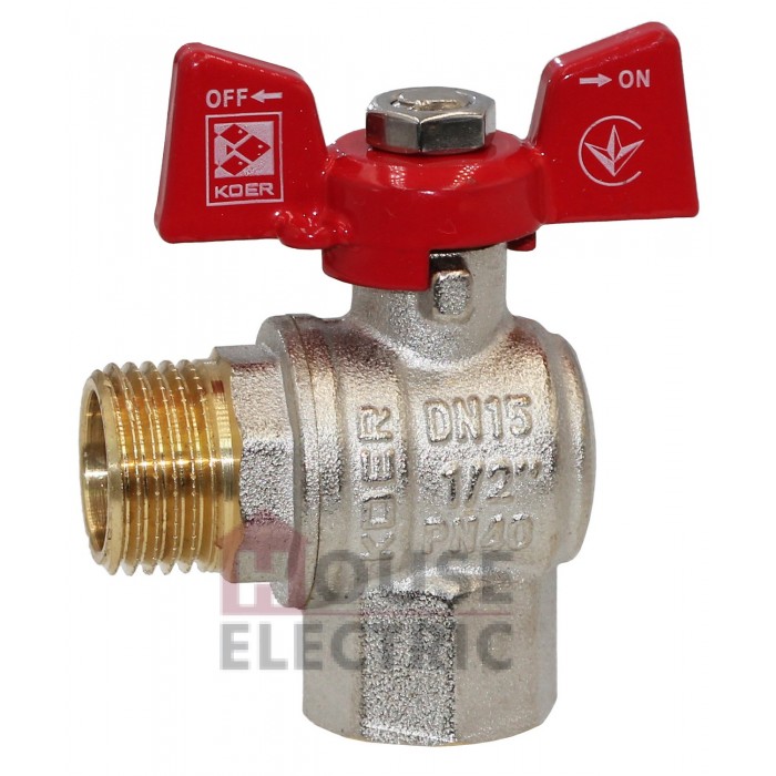 Кран шаровый угловой KOER KR.208 PN40 1/2" вн-нар. красная бабочка