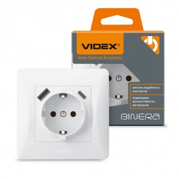 Розетка одинарная с заземлением с USB+USB-C Videx Binera VF-BNSK1GUC-W белая