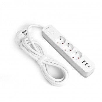 Сетевой удлинитель VIDEX ONCORD с/з 3п 3м (3x1.5мм) 2.4А 2USB+USB-C с кнопкой White VF-PD33G2U1C-W