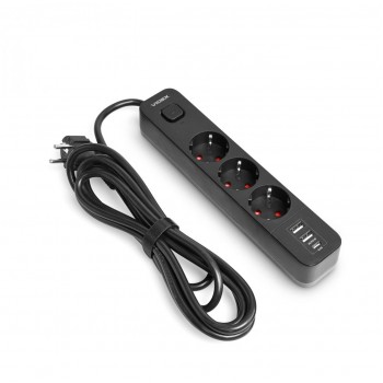 Сетевой удлинитель VIDEX ONCORD с/з 3п 3м (3x1.5мм) 2.4А 2USB+USB-C с кнопкой Black VF-PD33G2U1C-B